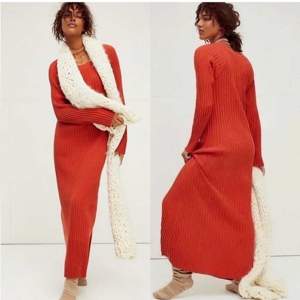 New free people beach walk about knit ribbed maxi dress in terra cotta